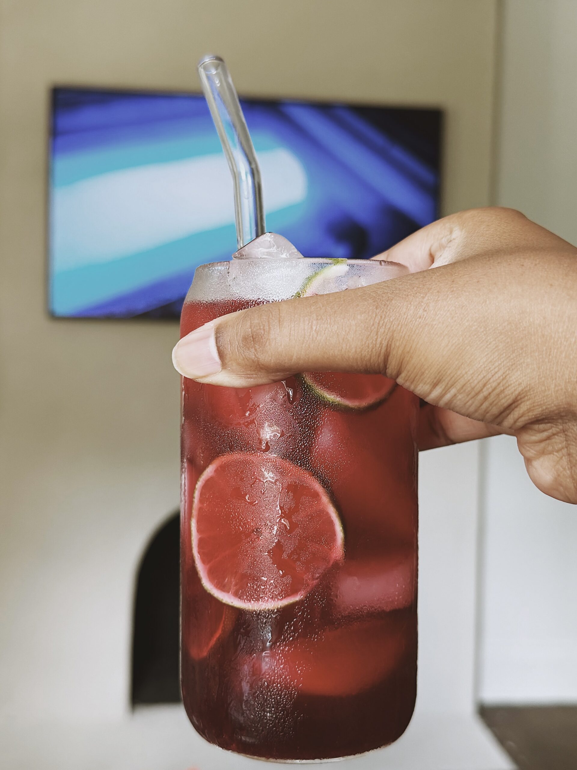 Raspberry leaf and hibiscus tea in a glass